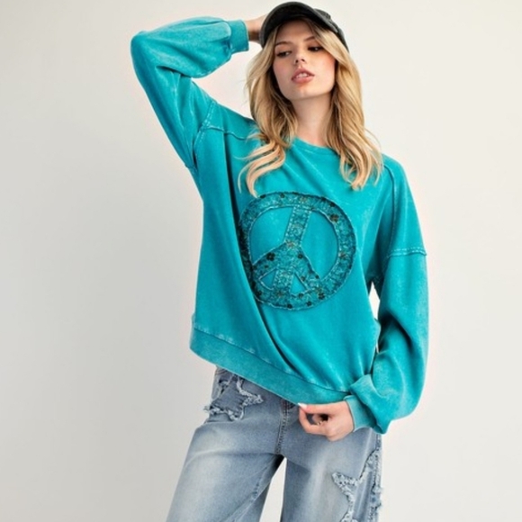 Easel Teal Peace Sign Symbol Washed Terry Pullover Sweatshirt New - Picture 3 of 5